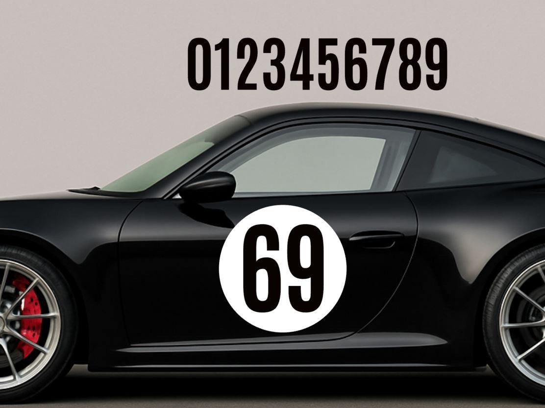 Track Car Roundels + Number Car Door Stickers Vinyl Circle Circular Race Car x3