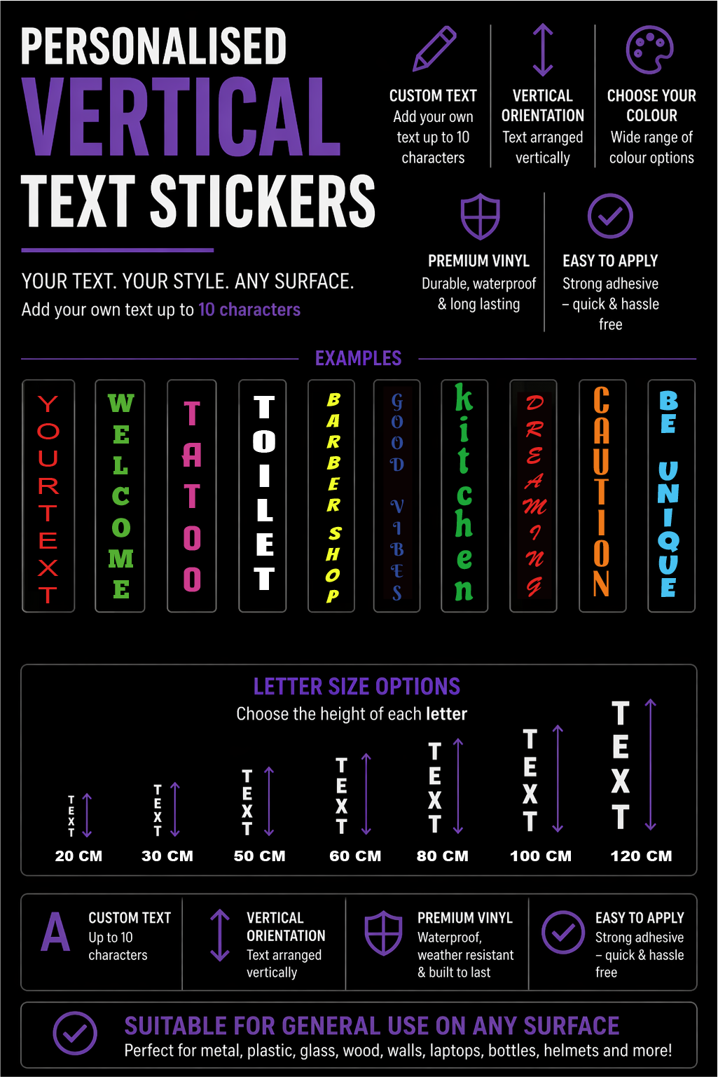 Personalised Name Vinyl Sticker Vertical Text Cut Fancy Sticker vertically